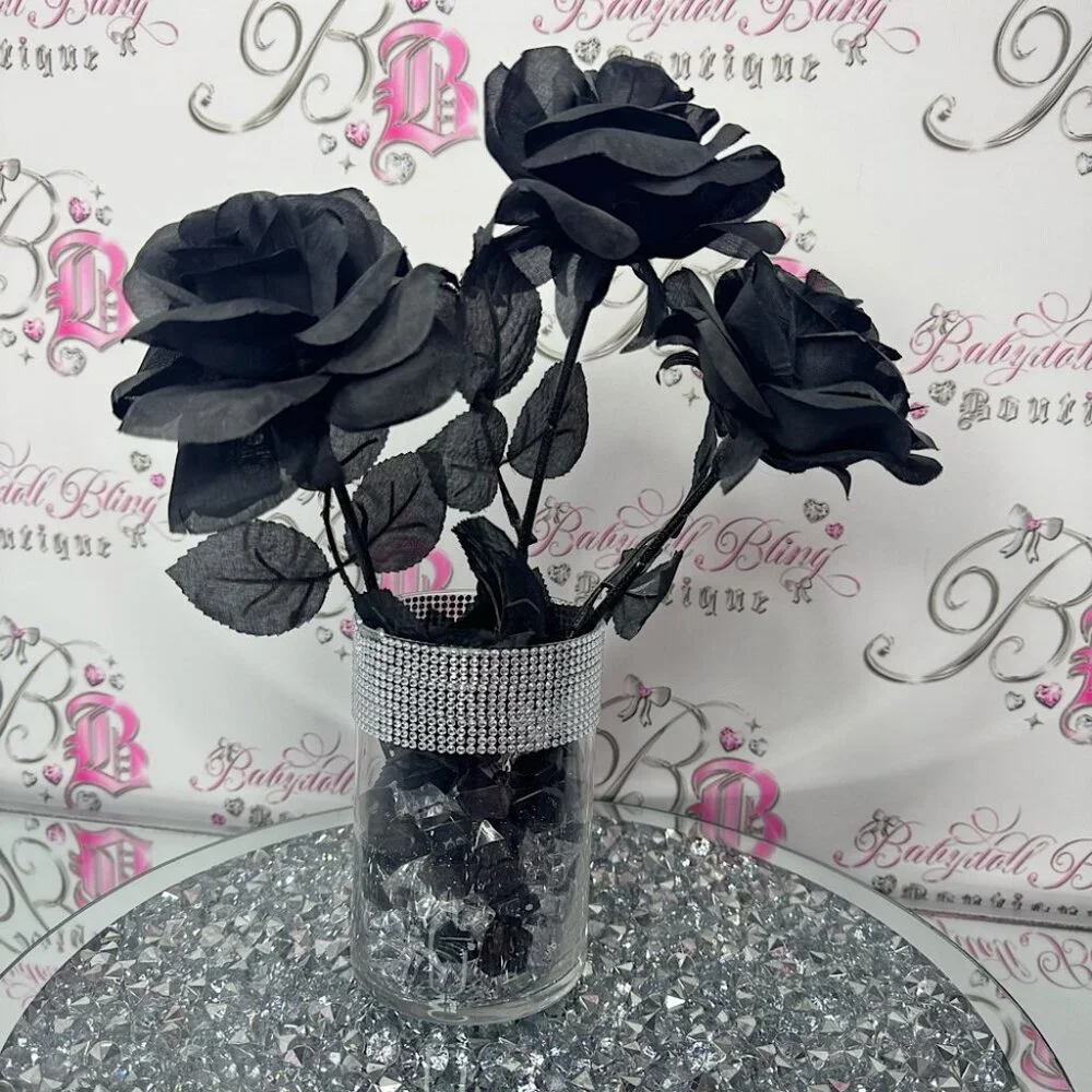 Roses vase sparkly diamond bling black roses black clear pebbles gothic bouquet